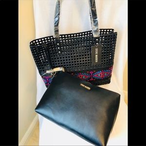 New Steve Madden Perforated Tote With Pouch-Black